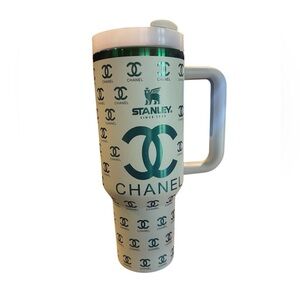 Stanley 40oz Cream Travel Tumbler with Metallic Rainbow Chanel Logos LiKe New